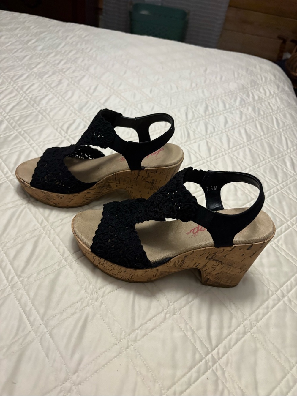 Jellypop Black Crochet Wedge Sandals with Cork Platform
